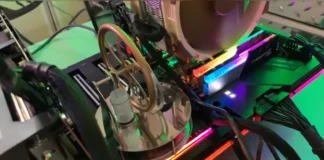 Task Manager Creator Powers Stirling Engine with Threadripper Heat Angled view showing the Stirling engine next to glowing G.Skill Trident Z RGB RAM sticks and the CPU cooler.