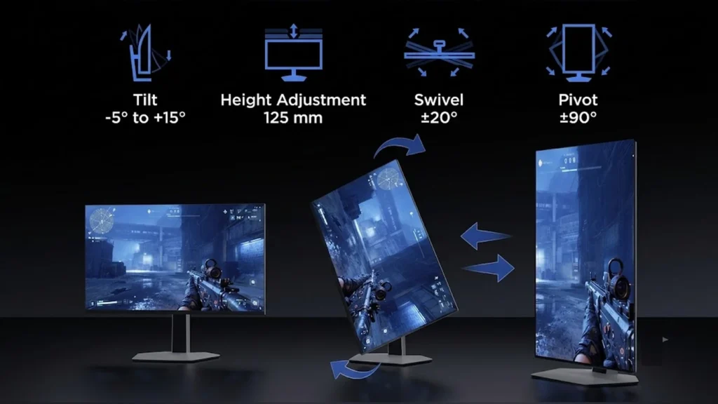 TCL Launches 27C2A Dual Mode QD-Mini LED Gaming Monitor 2 Infographic showing the physical adjustment options for the TCL 27C2A monitor including tilt, height, swivel, and pivot.