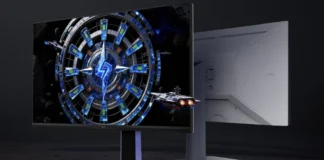 TCL Launches 27C2A Dual Mode QD-Mini LED Gaming Monitor Front and rear view of the TCL 27C2A QD-Mini LED gaming monitor showing its white chassis stand on a dark rocky floor.