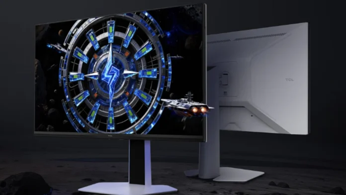Front and rear view of the TCL 27C2A QD-Mini LED gaming monitor showing its white chassis stand on a dark rocky floor.