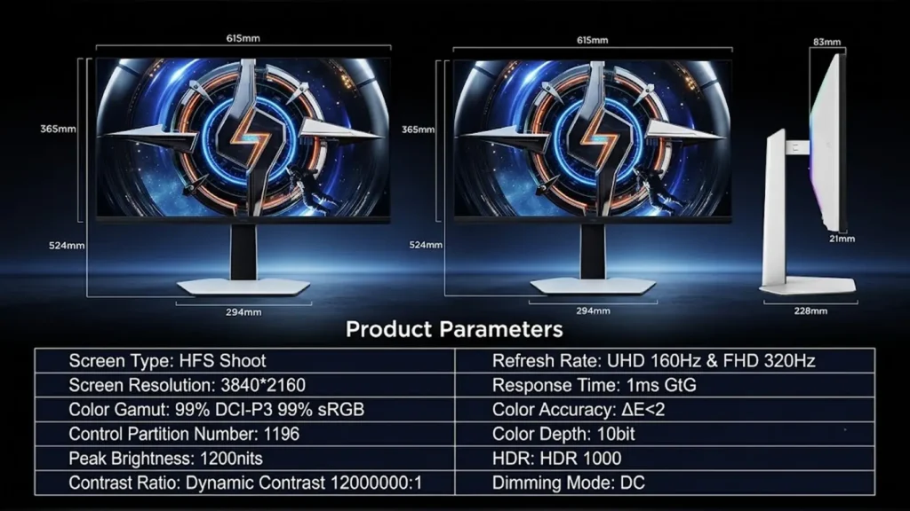 TCL Launches 27C2A Dual Mode QD-Mini LED Gaming Monitor 1 Front and side dimensions along with detailed specifications parameters table of the TCL 27C2A gaming monitor.