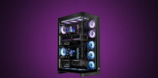 Thermaltake Launches CAPO X Dual-Build Full-Tower Case Front angled view of the isolated black Thermaltake CAPO X dual-build full-tower chassis showing two independent PC builds with RGB lighting and liquid cooling under a custom purple gradient spotlight.