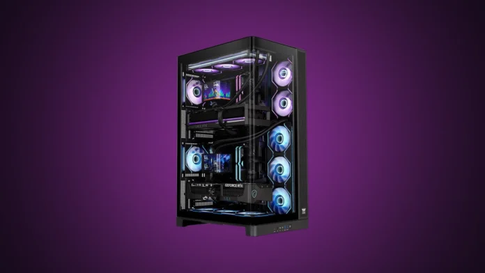 Front angled view of the isolated black Thermaltake CAPO X dual-build full-tower chassis showing two independent PC builds with RGB lighting and liquid cooling under a custom purple gradient spotlight.
