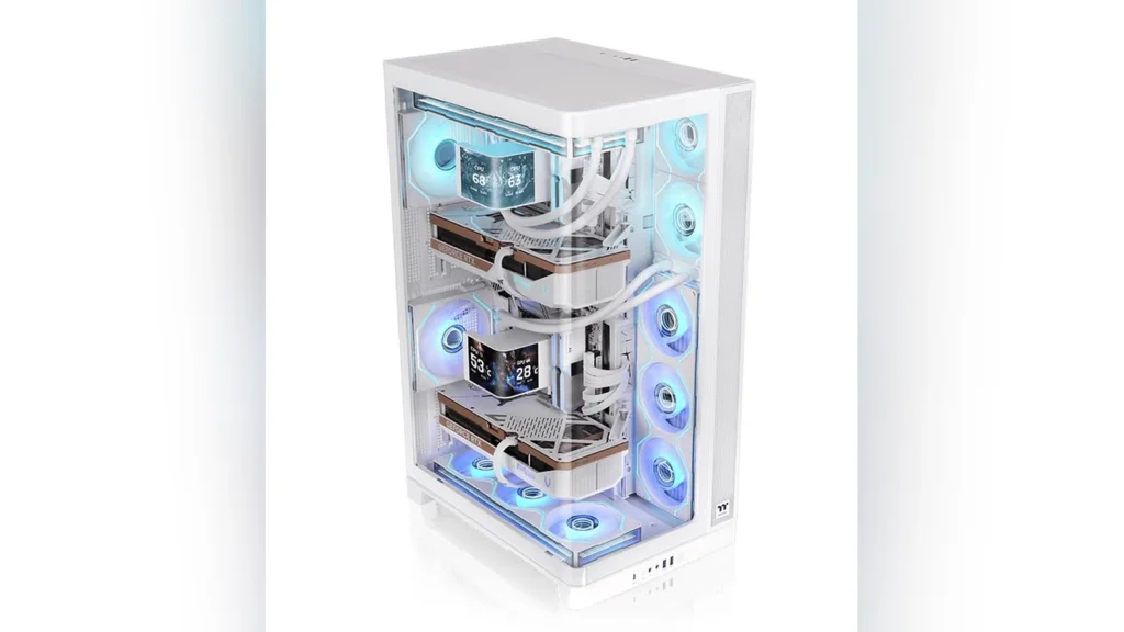 Thermaltake Launches CAPO X Dual-Build Full-Tower Case 2 Front view of the black Thermaltake CAPO X chassis detailing its dual independent front panel mesh and curved glass.