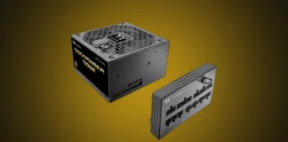 Thermaltake Launches Dockpower FI PSU with Detachable Cable Dock Front view of the isolated Thermaltake Dockpower FI 1200W PSU and its detachable modular cable dock on a custom gold gradient backdrop.