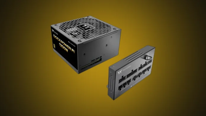 Front view of the isolated Thermaltake Dockpower FI 1200W PSU and its detachable modular cable dock on a custom gold gradient backdrop.