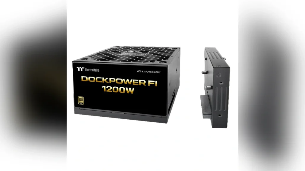 Angled front view of the Thermaltake Dockpower FI power supply main unit.