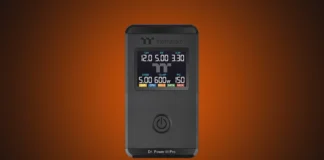 Thermaltake Releases Dr. Power III Pro ATX 3.1 PSU Tester Front view of the Thermaltake Dr. Power III Pro ATX 3.1 PSU tester on a custom orange gradient backdrop.