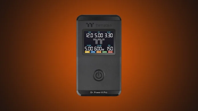 Front view of the Thermaltake Dr. Power III Pro ATX 3.1 PSU tester on a custom orange gradient backdrop.