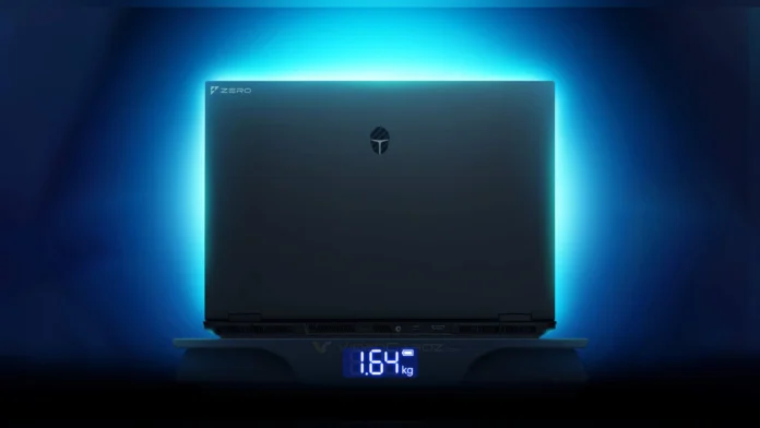 Thunderobot Zero Air 16 gaming laptop sitting on a digital scale showing 1.64 kg.