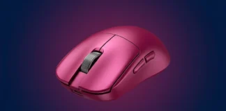 VGN Launches Dragonfly F1 V5 Mouse With Dual 8K Polling Rate Magenta pink VGN Dragonfly F1 V5 series wireless gaming mouse shown at a three-quarters perspective, showcasing the textured metal scroll wheel and side buttons.