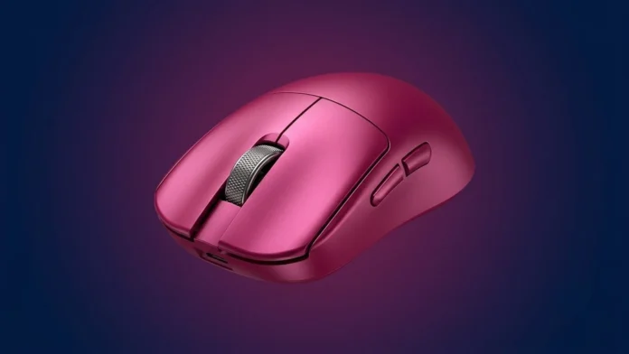 Magenta pink VGN Dragonfly F1 V5 series wireless gaming mouse shown at a three-quarters perspective, showcasing the textured metal scroll wheel and side buttons.