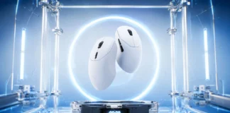 Rapoo Releases VT9s Air MAX V2 With PAW3955 Sensor and Dual 8K Polling Two VT9S Air MAX V2 wireless gaming mice displayed in a futuristic illuminated showcase emphasizing their lightweight gaming design.
