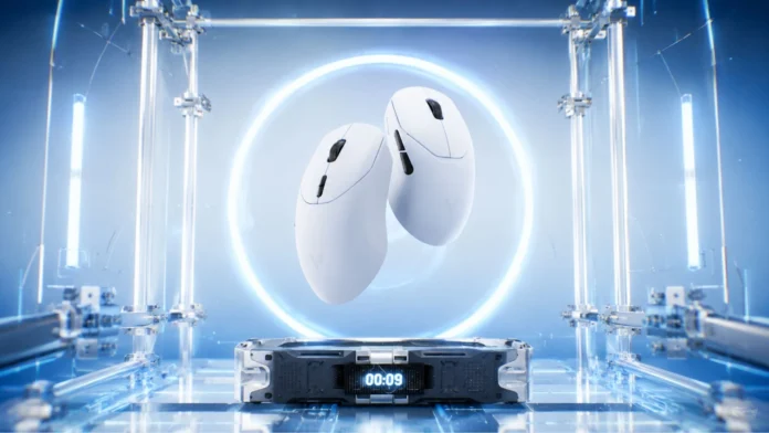 Two VT9S Air MAX V2 wireless gaming mice displayed in a futuristic illuminated showcase emphasizing their lightweight gaming design.