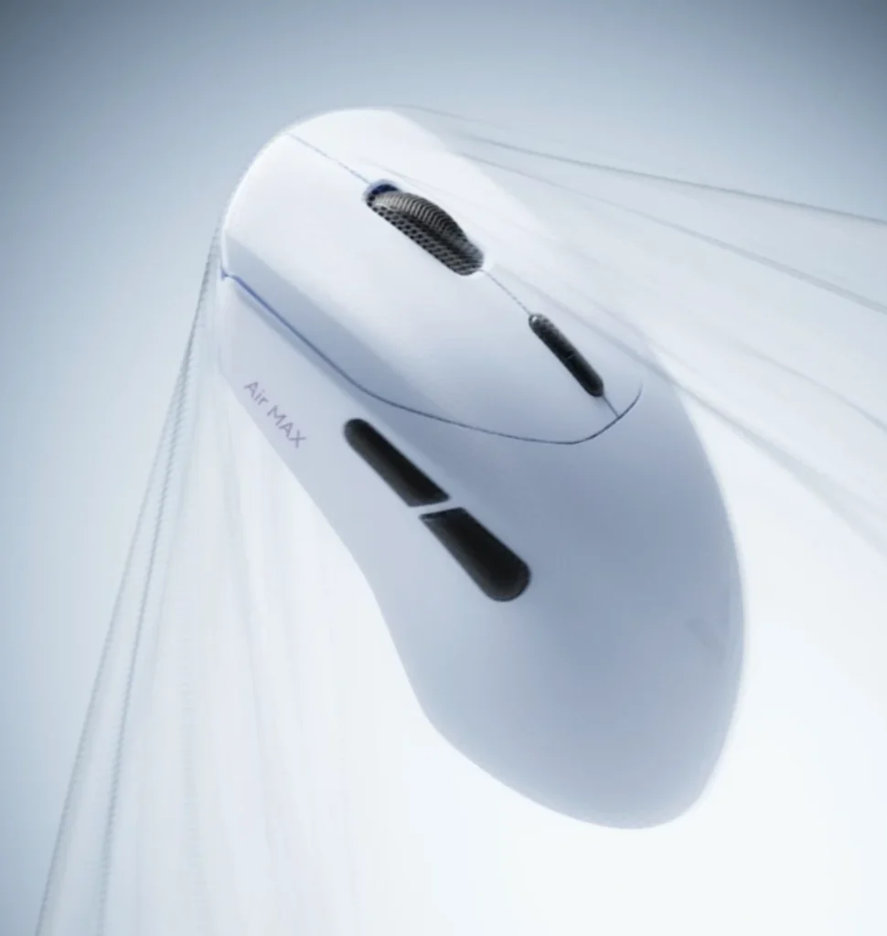 Rapoo Releases VT9s Air MAX V2 With PAW3955 Sensor and Dual 8K Polling 1 Close-up of the VT9S Air MAX V2 wireless gaming mouse showing its lightweight ergonomic design, scroll wheel, and programmable side buttons with motion trail effect.