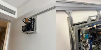 Enthusiast Mounts Open-Frame PC Under AC Vent Side-by-side photo comparison of an open-frame PC mounted high on a wall under an air conditioner (left) and a close-up of its guide rail mounting and motherboard ports (right).