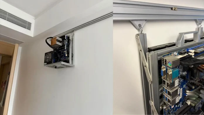 Side-by-side photo comparison of an open-frame PC mounted high on a wall under an air conditioner (left) and a close-up of its guide rail mounting and motherboard ports (right).
