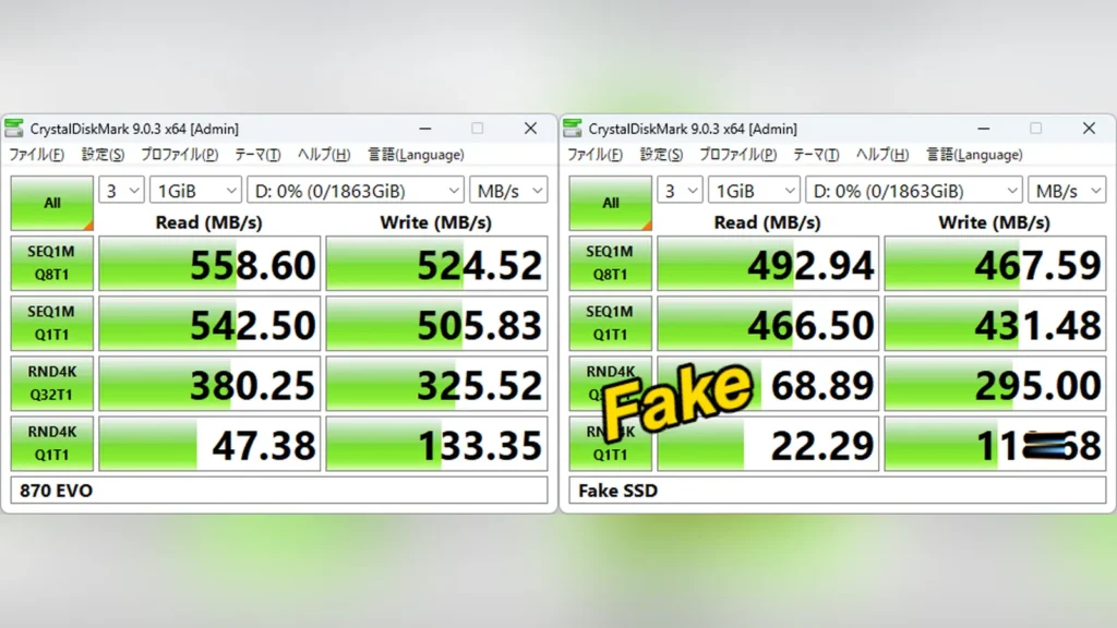 Windows Disk Management screenshot showing the counterfeit SSD partition layout and capacity.