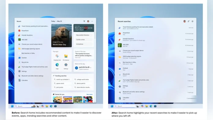 Comparison of the Windows Search Box home screen with descriptive labels outlining the recommended and recent search changes.