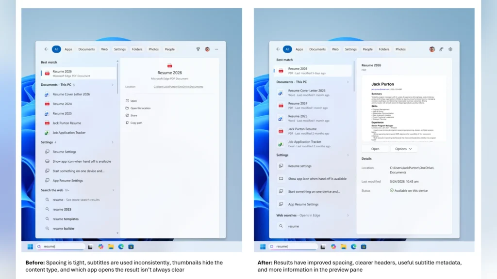 Microsoft Updates Windows Search Box to Clean Up Visual Clutter 5 Comparison of search results layout before and after spacing improvements, showing clearer headers and preview pane details.