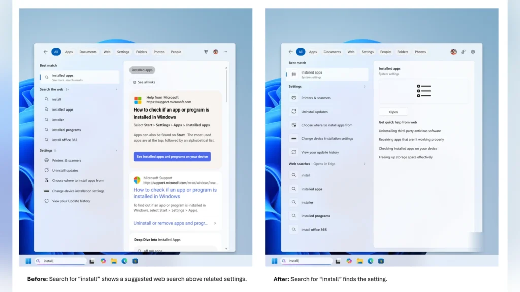 Microsoft Updates Windows Search Box to Clean Up Visual Clutter 4 Comparison showing how the Windows Search Box prioritizes Settings results over web suggestions.