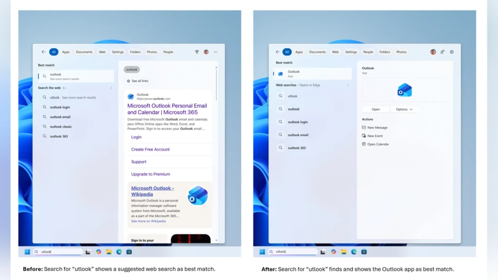 Microsoft Updates Windows Search Box to Clean Up Visual Clutter 3 Comparison showing how the Windows Search Box handles app search spelling mistakes.