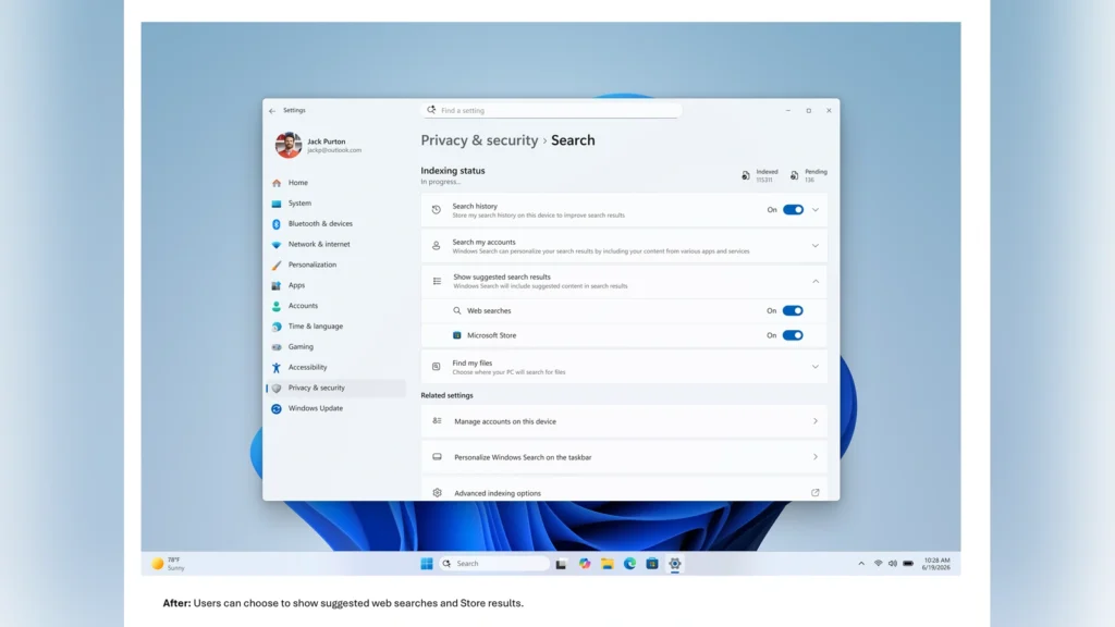 Microsoft Updates Windows Search Box to Clean Up Visual Clutter 2 The new Search settings menu in Windows 11 showing toggles to turn off web searches and Microsoft Store suggestions.