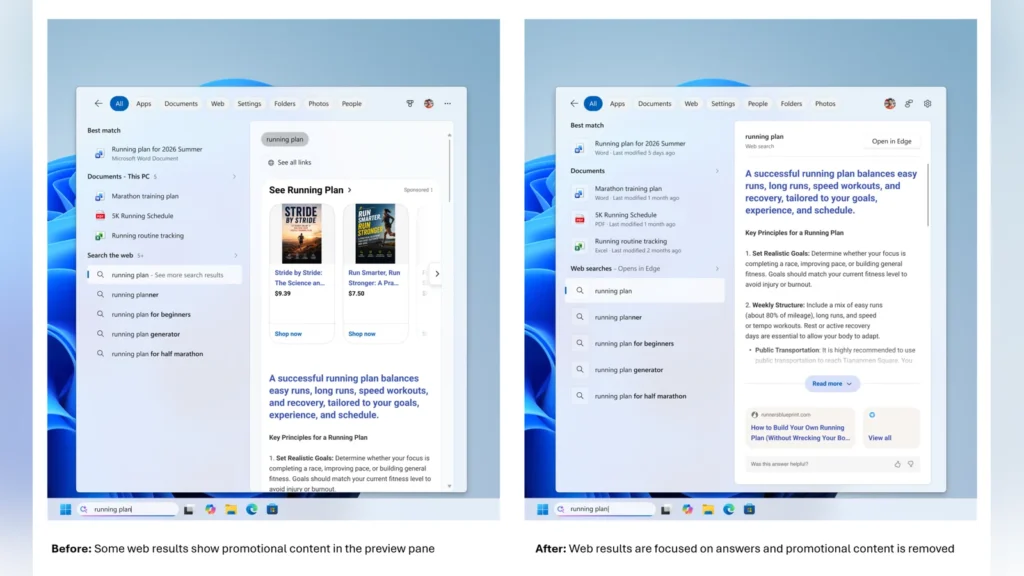 Microsoft Updates Windows Search Box to Clean Up Visual Clutter 1 Comparison showing the removal of sponsored ads and promotions from web search results in the Windows Search Box.