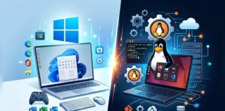 RX 9070 XT vs RTX 5080 Linux Performance Compared Illustrative split banner comparing the Windows 11 desktop workspace on the left and the Linux Tux mascot environment on the right.