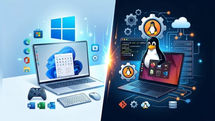 Illustrative split banner comparing the Windows 11 desktop workspace on the left and the Linux Tux mascot environment on the right.