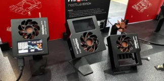 Noctua Roadmaps Low-Profile AM5 Cooler and Seasonic PSUs Three Thermal Grizzly WireView Pro II Noctua Edition power monitoring units displayed at a Computex trade show booth.