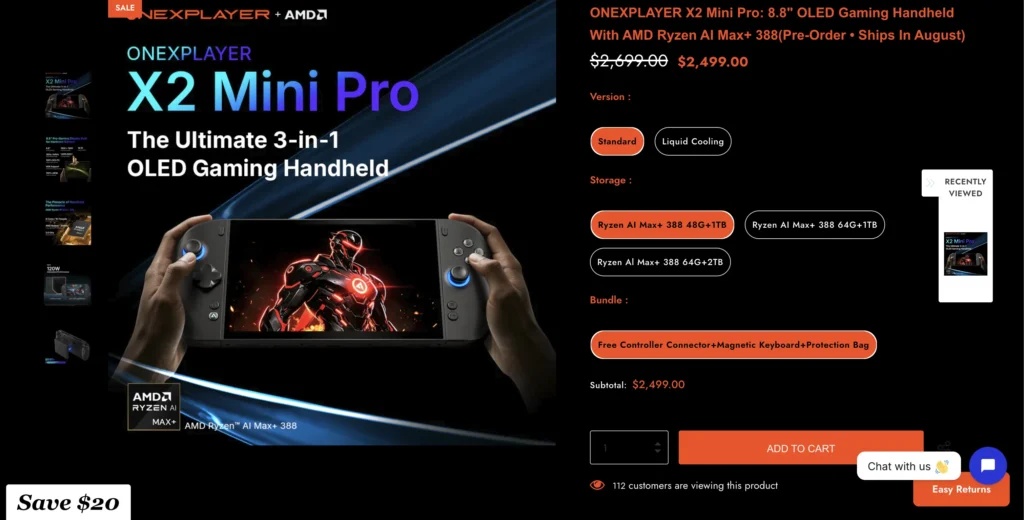 OneXPlayer X2 Mini Pro Now Available With Ryzen AI Max+ 388 and 1,100-Nit OLED 1 OneXPlayer X2 Mini Pro product page showing the AMD Ryzen AI Max+ 388 model, pricing, storage options, and preorder details.
