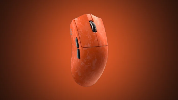The isolated orange Yunzii M2 wireless gaming mouse set against a custom premium orange and charcoal radial gradient spotlight.