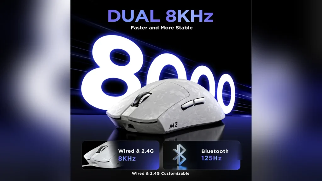Yunzii Launches M2 Dual 8K Custom Wireless Gaming Mouse 12 Perspective view of the black Yunzii M2 wireless gaming mouse standing upright.