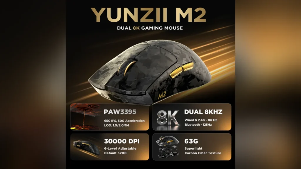 Yunzii Launches M2 Dual 8K Custom Wireless Gaming Mouse 8 Top view of the orange Yunzii M2 wireless gaming mouse showing its scroll wheel and buttons.