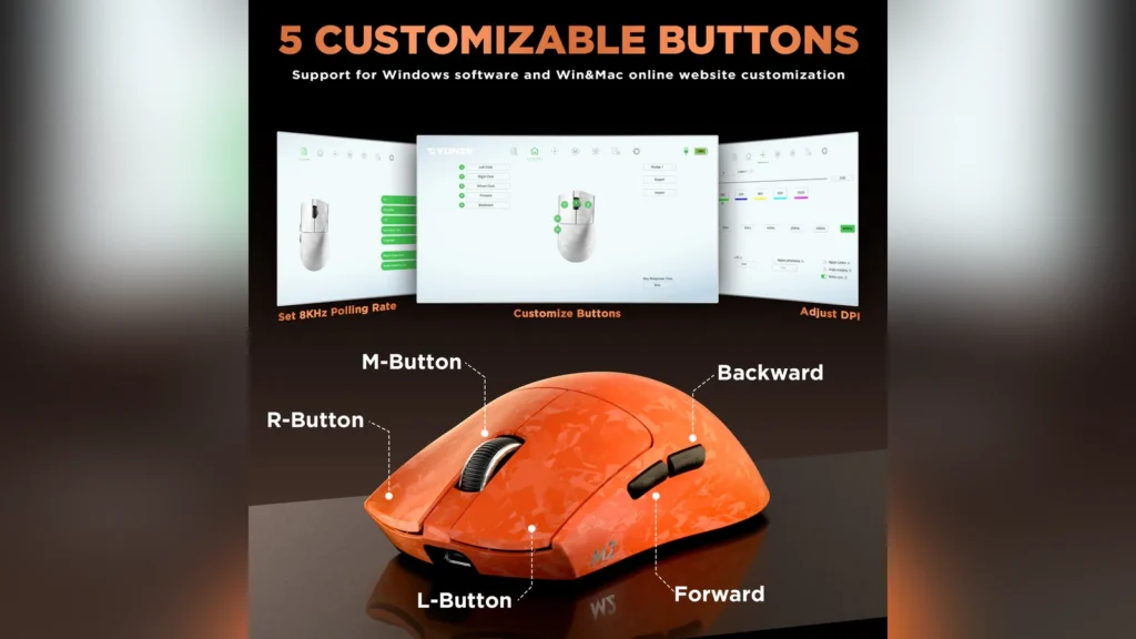 Yunzii Launches M2 Dual 8K Custom Wireless Gaming Mouse 7 Perspective view of the pink Yunzii M2 wireless gaming mouse standing upright.