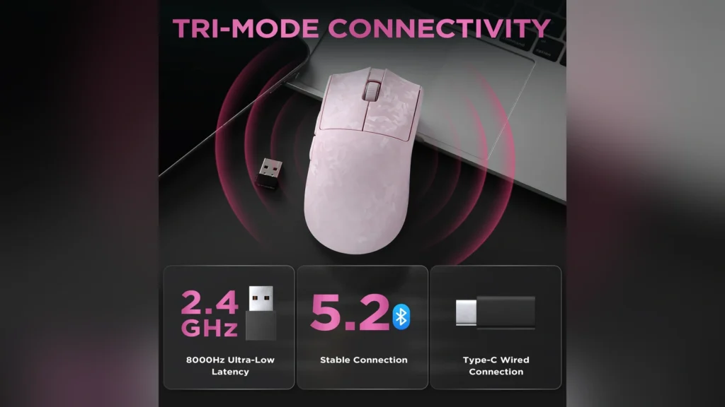 Yunzii Launches M2 Dual 8K Custom Wireless Gaming Mouse 6 Top view of the pink Yunzii M2 wireless gaming mouse showing its scroll wheel and buttons.