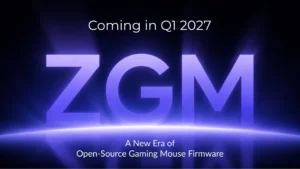 Promotional image announcing ZGM, an open-source gaming mouse firmware platform, with a Q1 2027 release timeline and the tagline "A New Era of Open-Source Gaming Mouse Firmware."