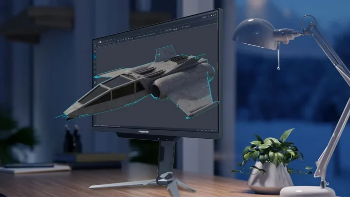 Acer Predator XB273K 3D gaming monitor displaying a 3D aircraft model without glasses.