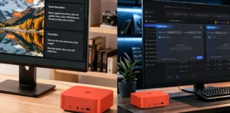 ZeroTech Releases SEi13 AI and SEi14 AI Mini PCs With 160 TOPS NPU GMKtec SEi13 AI mini PC placed on a desk beside a monitor, demonstrating a compact AI workstation setup.