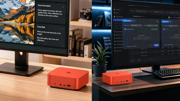 GMKtec SEi13 AI mini PC placed on a desk beside a monitor, demonstrating a compact AI workstation setup.