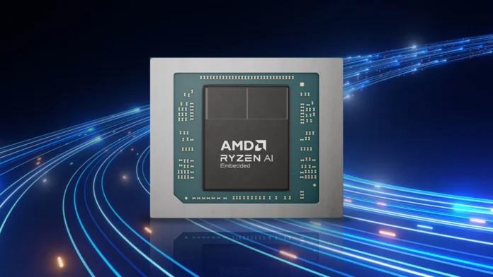 AMD Ryzen AI Embedded X100 processor package designed for embedded AI, edge computing, robotics, industrial automation, and machine vision applications.