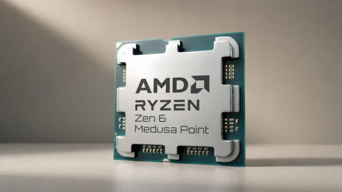 Render of an AMD Ryzen Zen 6 Medusa Point processor package on a neutral background.