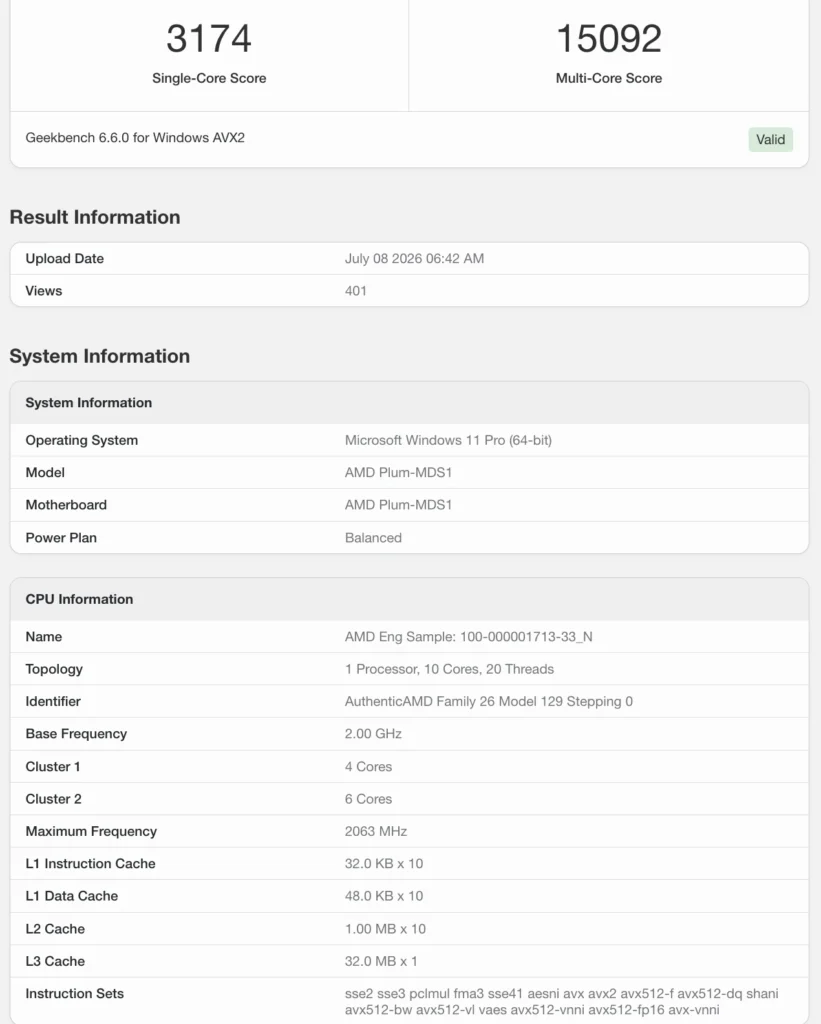 Geekbench 6 result page showing single-core and multi-core scores along with system information for an AMD Zen 6 engineering sample.