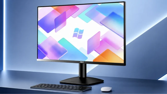 AOC 24B35XN 23.8-inch Full HD monitor displayed on a modern desk with a slim bezel design, keyboard, and mouse.