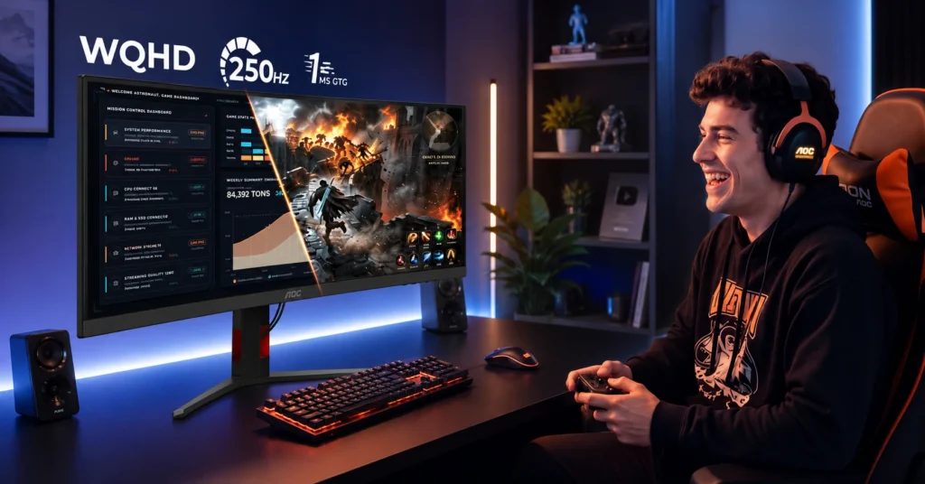 Gamer playing on the AOC CU34G4ZCA curved ultrawide monitor featuring a WQHD resolution, 250Hz refresh rate, and 1ms GtG response time.