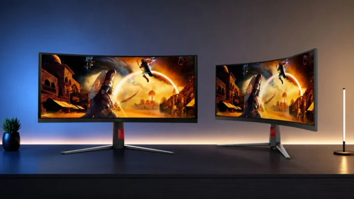 Front and angled views of the AOC CU34G4CA and CU34G4ZCA curved 34-inch ultrawide gaming monitors.