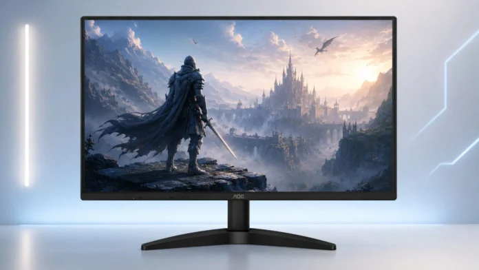 AOC GU27B36 gaming monitor displaying a fantasy game scene with a near bezel-less design and minimalist stand.