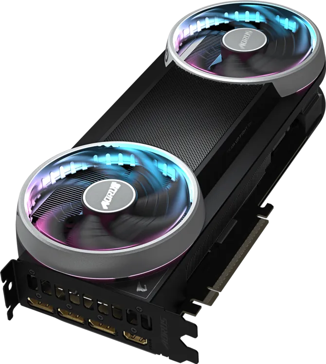 GIGABYTE Confirms AORUS RTX 5070 INFINITY Specs With 2715 MHz Boost Clock 2 Angled view of the AORUS RTX 5070 INFINITY graphics card showing the dual-fan cooler.