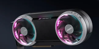 GIGABYTE Confirms AORUS RTX 5070 INFINITY Specs With 2715 MHz Boost Clock Front view of the AORUS RTX 5070 INFINITY graphics card with dual RGB cooling fans.